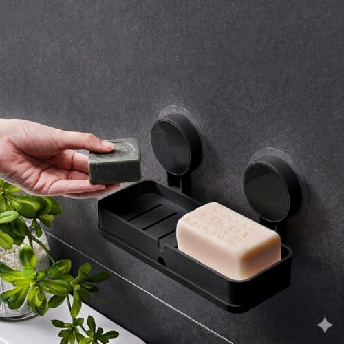 Image of 2 Pcs Twin Soap Dish Wall Mounted, BUYERZONE Double Layer Soap Holder for Bathroom, Self Adhesive Soap Stand with Drain Tray, Plastic Soap Case for Kitchen & Wash Basin Organizer (2, Black)