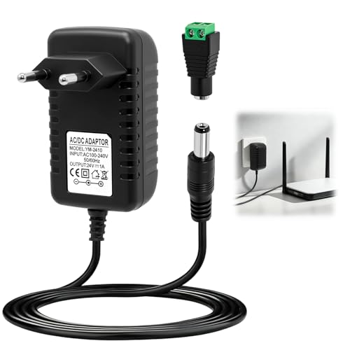 Adaptador de Corriente 24V 1A Universal, Fuente de Alimentación AC 100‑240V, Cargador con Conector DC 5,5 x 2,1 mm para Tiras LED, Router, Cámara CCTV, TV Box, Hub USB, Cable 1,5 m