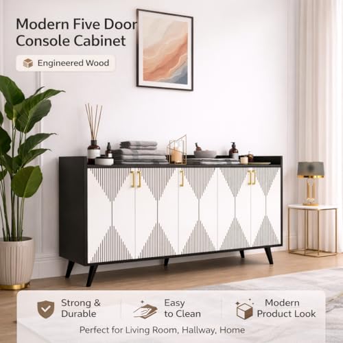 Image of Spyder Craft Mid-Century Modern 5-Door Sideboard Buffet - Geometric Diamond Pattern Credenza with Gold Hardware & Tapered Legs - Large Wood Storage Cabinet for Living Room, Dining Room- Black & White