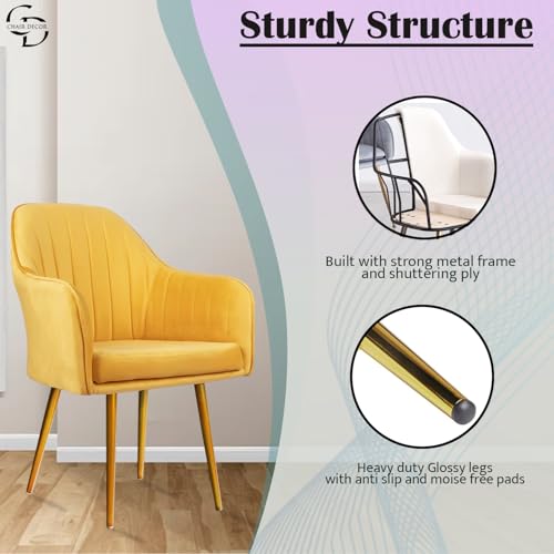 Image of Velvet Accent Chair | Luxury Upholstered Armchair with Sturdy Metal Legs | Modern Comfortable Chair for Living Room, Bedroom, Office, or Cafe (Golden Legs, Yellow)