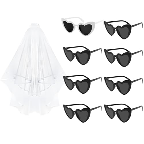 Voiles de mariée pour enterrement de vie de jeune fille et lunettes cœur : pack groupe de 9 paires