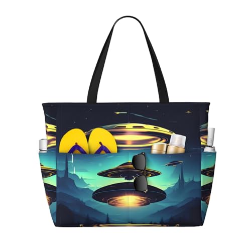 Spacecraft descend Large capacity beach bag with zipper, perfect for grocery bag pool gym travel shopping foldable beach travel bag, - Main Image