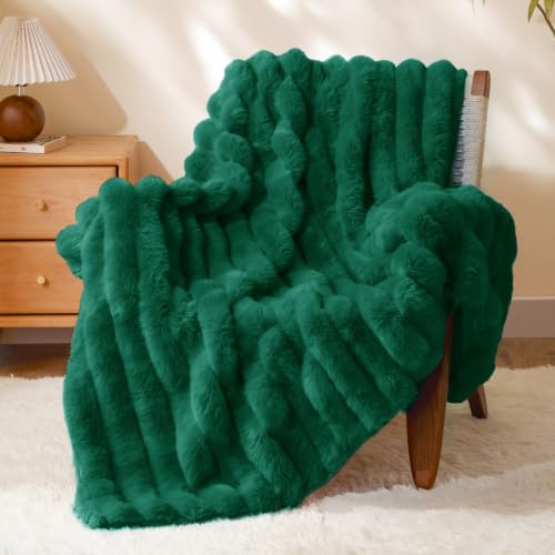 Image of BEDELITE Faux Fur Throw Blanket for Couch, 770GSM, 60 inch x 80 inch, Dark Green | Soft and Cozy Luxurious 3D Striped Fluffy Blanket, Warm Plush Fuzzy Faux Rabbit Fur for Women Gift, Stylish Room Decor