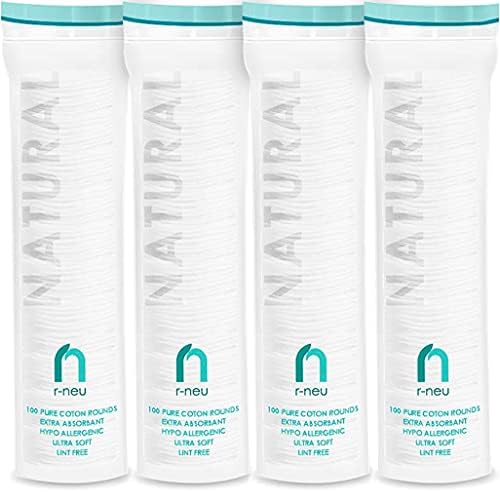 R-NEU 400 Cotton Rounds, 100% Natural Turkish Cotton Makeup Remover and Facial Cleansing Cotton Round Pads, Waffle Textured Hypoallergenic Cotton Wipes, 2.25 Inch Diameter (400 Pack)