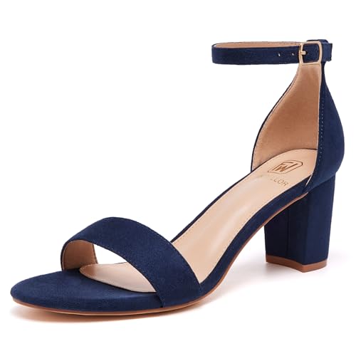 FW FRAN WILLOR Women Open Toe Low Chunky Short Blue Heels Ankle Strap Block Heel Sandals Party Dress Wedding Pump Shoes