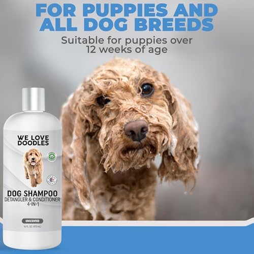 Dog Shampoo, Conditioner & Detangler - Best Shampoo for Goldendoodles, Poodles & Doodles Pet Hair - Hypoallergenic, Tearless, Sensitive Skin for Puppies & All Dog Breeds - Made in USA,16OZ (Unscented) - 4
