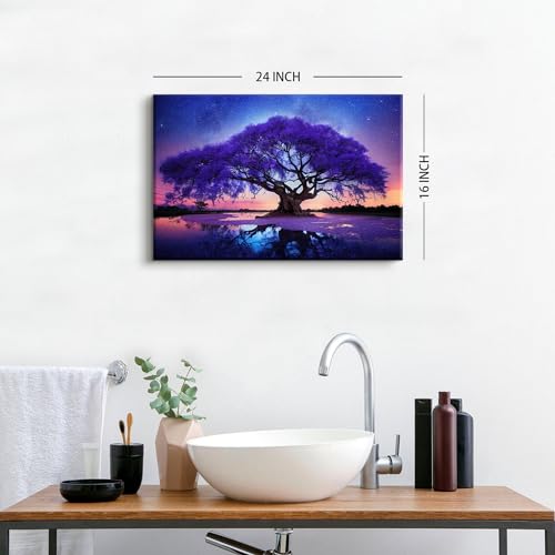Image of Purple Tree Landscape Wall Art Blue Starry Night Picture Artwork for Living Room Wall Decor Abstract Nature Scenery Canvas Print Painting for Modern Bedroom Bathroom Home Office Decoration 16x24 inch
