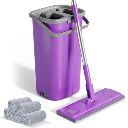 Eukue Balai Serpillère Essoreur avec Seau, Serpillière Plat Rotatif 360°avec 5 Serpillères Réutilisables, 2 en 1 Seau Serpillere de Mains Libre pour Nettoyage Tous Types de Sols(Pourpre)