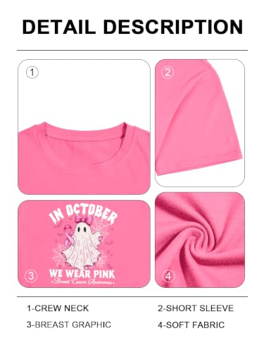 Image of Breast Cancer Shirts for Women Pink Ribbon Shirt Breast Cancer Survivor Tee | Pink Breast Cancer Shirt In October We Wear Pink Tee Breast Cancer Awareness Shirts Halloween Ghost Graphic Short Sleeve Top