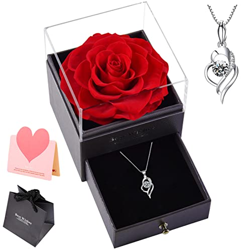 Image of Mdecors Preserved Real Red Rose with Sterling Silver Necklace Jewelry Gift Box Pendant Eternal for Mum Mother's Day Valentine's Birthday Gifts Women Girlfriend