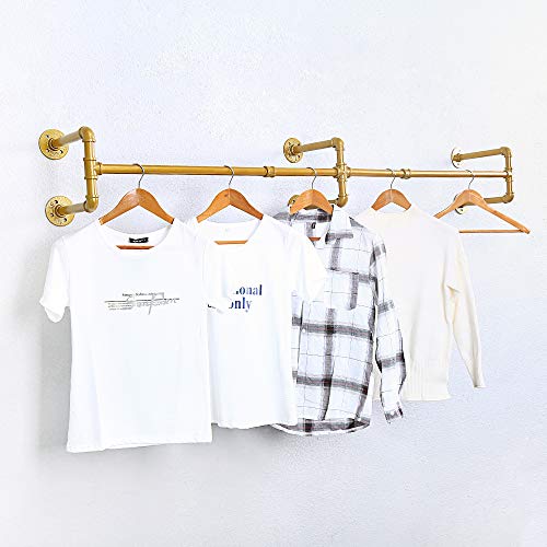 Industrial Pipe Clothing Rack Wall Mounted,Vintage Retail Garment Rack Display Rack Cloths Rack,Metal Commercial Clothes Racks For Hanging Clothes,Iron Clothing Rod Laundry Room(70.86In,Gold) #TOP4
