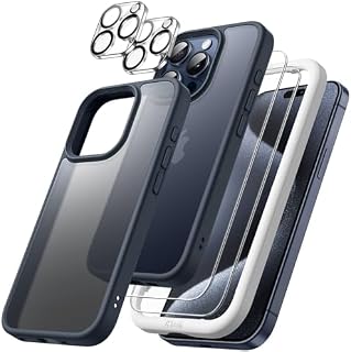 JETech Matowe Etui 5 w 1 do iPhone 15 Pro 6,1 Cala z Szkło Hartowane 2 Ochraniacz Ekranu i 2 Osłona Obiektywu Aparatu, Półprzezroczysty Tylna (Czarny)