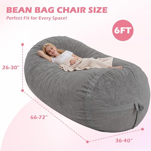 Image of 6FT Bean Bag Chair 6'Giant Bean Bag Chairs with Adults, Large Beanbag Chair | Bean bag Lounger with Machine Washable Cover Luxurious Velvet Fabric, Comfy Chairs for Living Room, Bedroom, Dorm, Darkgrey