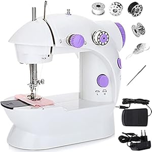 Retoo 230 V elektrische mini-naaimachine met 2 snelheden en voetpedaal, automatische naaiset met 2 garenspoelen, 2 lege spoelen en naald, automatische draagbare naaiset, wit
