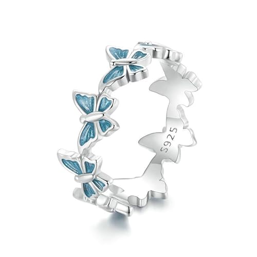 YMHOP 925 Sterling Silver Dainty Daisy Butterfly Paw Heart Eternity Rings Blue Flower Finger Rings for Women Stacking Promise Rings Gift Jewelry (C-butterfly, 7)