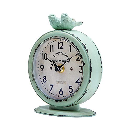 Nikky Home Vintage Table Clock, Shabby Chic Pewter Round Quartz Shelf Desk Clock With 2 Birds, 4.75" X 2.5" X 6.12", Light Green #TOP3
