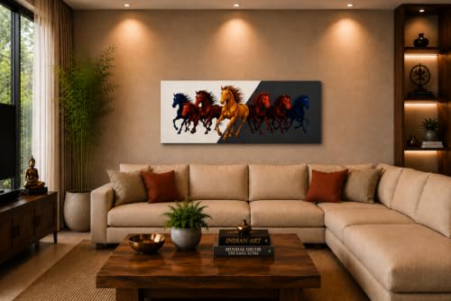 Image of 7 Horse Vastu Sunrise Canvas Painting | Positive Energy Wall Decor | Big Size Premium Running Horses Artwork for Home, Office & Hall Decoration (Modern, Red Black Horse, 44x20 Inch)