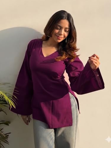 Image of ANNI Designer Short Kurti for Women Solid Design | V Neck Full Sleeve Kurti Tops for Women | Stylish Kurtis & Short Kurtis for Woman | Casual Kurti with Jeans | Kurtas for Woman