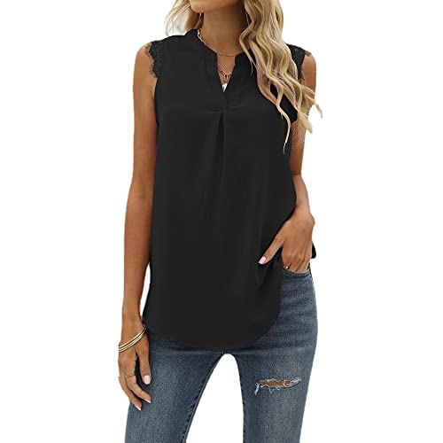 Coloody Mujer Camisetas Sin Mangas con Cuello en V Blusa sin Mangas Camisas Mangas Cortas de Encaje de Color sólido Casuales sin Mangas Blusa Shirts Tops