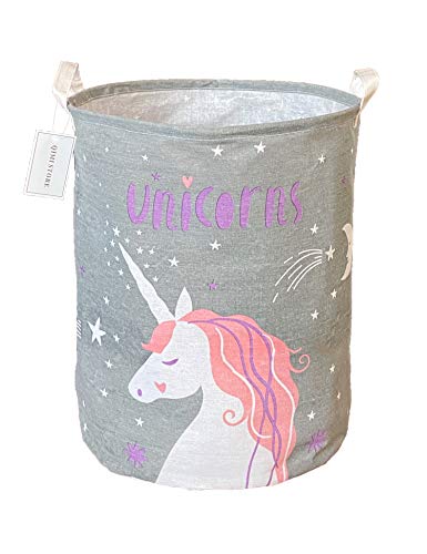 QIMI Laundry Basket Canvas Storage Bin Organizer for Toy Box Gift Baskets Laundry Hamper Nursery Hamper (grey unicorn)