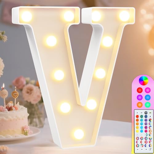 Image of Pooqla Colorful Light Up Letters with Remote, Upgraded 35 Colors LED Marquee Letters, RGB Lighted Letter for Girls Teenager Gift, Birthday, Party, Wedding, Night Light, Room, Bedroom Decor, Letter V