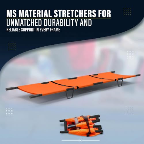 Image of OTICA Foldable Stretcher for Patient Shifting, Portable Stretcher for Emergency Hospital Use, Stretcher for Patient with Safety Belt, Stretcher for Ambulance (Mild Steel, Four Fold, Orange)