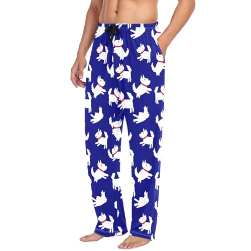 Men's Cute White Dogs Pajama Pants with Pockets - Straight Fit Cotton Sleep Bottoms for Lounge & Nightwear#1004