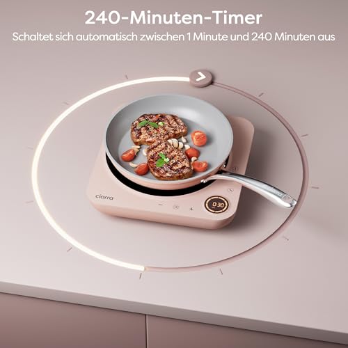 Ciarra CAPTIH1-P Induktionskochfeld 1 Platte, 2000W Induktionskochplatte Einzel mit Sicherheitsverriegelung 8 Leistungsstufen 8 Temperaturstufen 3-Stunden Timer Touch-Steuerung Rosa
