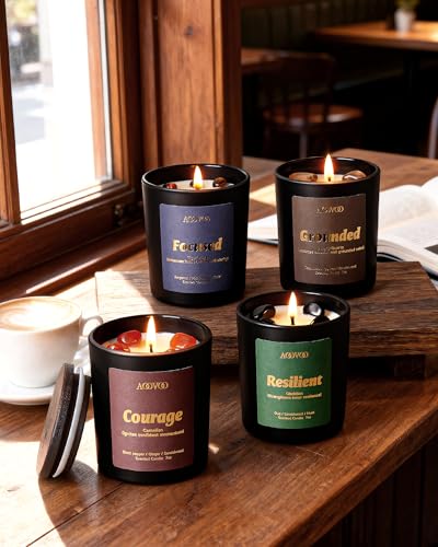 Image of AOOVOO Crystal HEAL Candles Set - 4 Pack Candles for Home Scented | Candle with Crystals, Obsidian for Resilient /Tiger's Eye for Focused /Carnelian for Courage /Smoky Quartz for Grounded