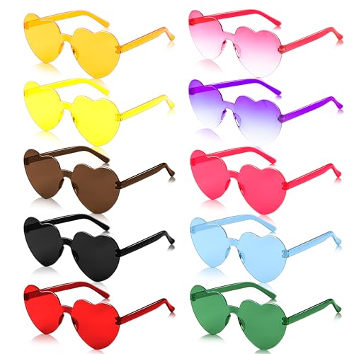 Elalove 10 Stück Herz Sonnenbrille Set, Lustige Sonnenbrille ohne Rahmen, Partybrillen für Damen und Herren, Bunte Sonnenbrille Herzform für Festival, Hochzeit Deko, Sommer Gadgets & Party Zubehör