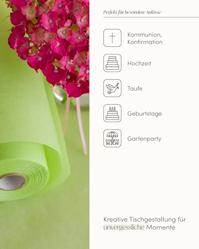 100%Mosel Vlies Tischläufer, in Pastell Grün (30 cm x 25 m), dekoratives Tischband, edle Tischdeko für Geburtstage & Hochzeiten, Bunte Dekoration zu besonderen Anlässen
