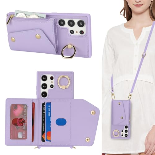 Lipvina for Samsung Galaxy S23 Ultra Case with Card Holder and Strap - Zipper Pocket,Crossbody Lanyard Strap,Credit Card Holder,Stand Ring,Cute Phone Wallet Case for Women(Purple,6.8 Inch)