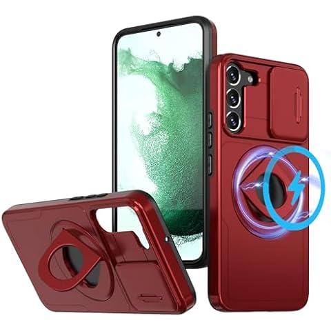 ANNGELAS for Samsung Galaxy S21 Mag-Safe Kickstand Case with Slide Camera Cover,Slim Shockproof Military Heavy Duty Anti-Drop Full Body Protection,360 Rotating Stand Magnetic Phone Case(Red) Cover