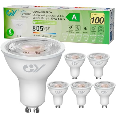 GY GU10 LED Warmweiss Lampe,4,5W 2700K 805 Lumen Warmweiß Glühbirnen,Ersetzt 100W Leuchtmittel,36° Abstrahlwinkel Spot Strahler,Enegiesparende GU10 Nicht Dimmbar Reflektor Lampen,6 stück