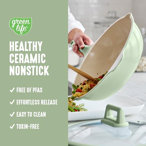 GreenLife Nonstick 12” (5QT) All in One Deep Skillet Wok with Lid, PFAS-Free Non-Toxic Ceramic Multi-Purpose Pan, Induction, All Stovetop, Egg, Stir Fry, Saute, Stay Cool Handle, Sage Green - Thumbnail 2
