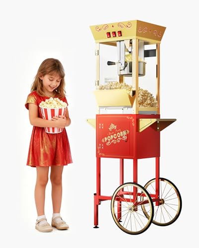 12 oz Upgraded Popcorn Machine Cart, Popcorn Maker Machine with Stainless-Steel Kettle Makes Up to 48 Cups, Movie Theater Pop Corn Machine with 3-Switch Control & Tempered Glass Doors, Red