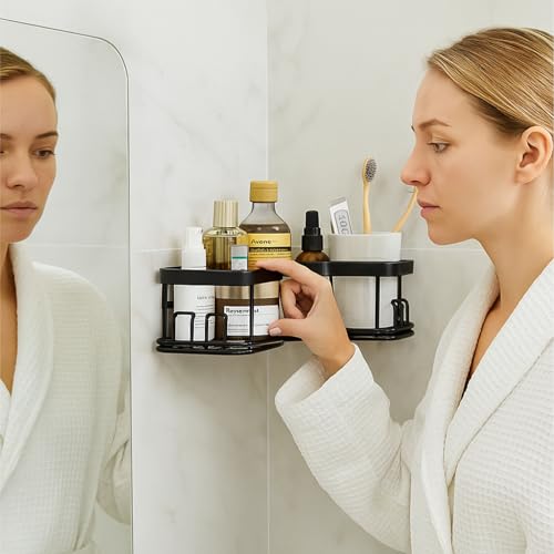 Image of JD FRESH Multipurpose Bathroom Organizer Shelf Rack Corner Without Drill /Self Adhesive Accessories Holder for Kitchen /Wall Mounted Organizer for Bathroom Space Saving Shelf Corner (Black, Pack of 4)
