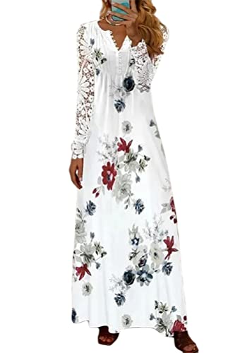 Tomwell Femmes Robe Longue Ete Boho Robe sans Manche Col en V Maxi Robe Élegante Sexy Chic Casual Robe Decontractée Imprime Floral Robe de Plage Soirée Cocktail A Blanc3 L