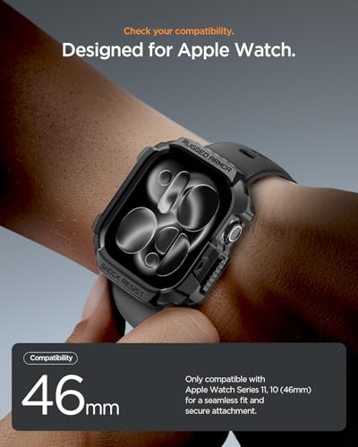 Image of Spigen for Apple Watch Series 11 Case, Rugged Armor Compatible with Series 11 /10 46mm Durable Protective TPU Flexible Shock Proof Military Grade Bumper - Matte Black