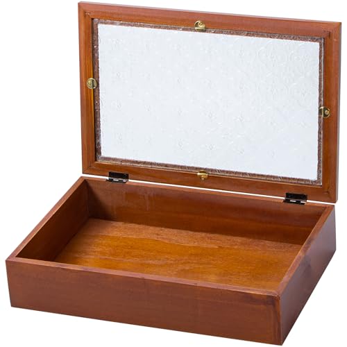 Useekoo Wooden Storage Box Container with Hinged Glass Lid & Front Clasp, 11.8”x7.8”x2.7” Vintage Wood Keepsake Boxes, Rustic Memory Gift Box for Jewelry, Wedding, Peals(Brown)