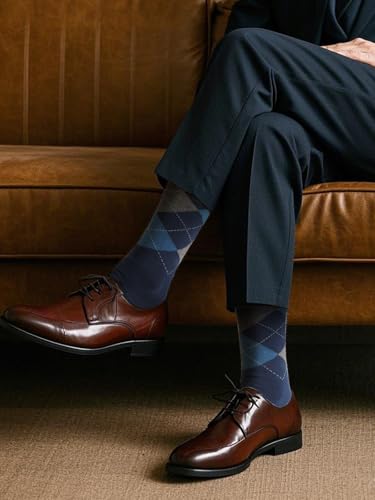 COTTON DAY Men's Premium Soft Combed Cotton Trouser Dress Socks Seamless Toe Black Gray Blue Argyle Striped Shoe Size 8-12 6