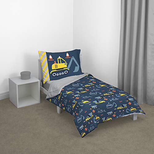 Carter's Construction Time - Navy, Yellow & Grey 4Piece Toddler Bed Set - Comforter, Fitted Bottom Sheet, Flat Top Sheet, Standard Pillowcase, Navy, Yellow, Grey, Orange