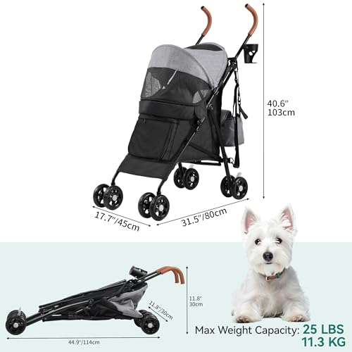 YITAHOME Haustierbuggy für kleine bis mittelgroße Hunde, 4-Rad-Hundebuggy mit Schultergurten, faltbarer Haustier-Reisewagen mit Getränkehalter und Aufbewahrungstasche (Grau Schwarz)