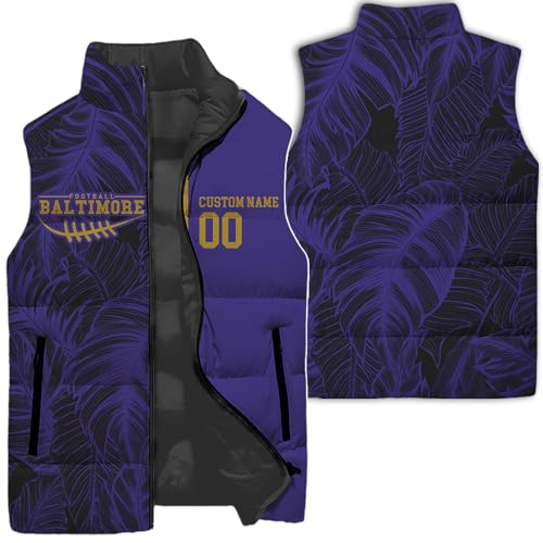 Mens Football Personalized Name Number Down Vest Lightweight Winter Outdoor Puffer Vest Jacket