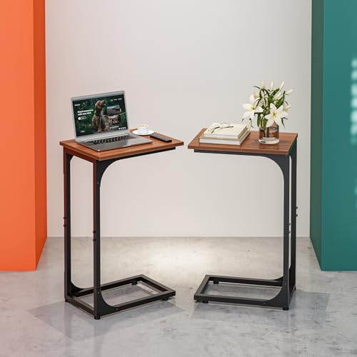 Image of C-Shaped Side Table for Couch - Small Coffee Stand Sofa Tray Desk with Metal Frame and Waterproof Scratch Resistant, Modern End Accent for Living Room, Bedroom, Set of 2, Rustic Walnut