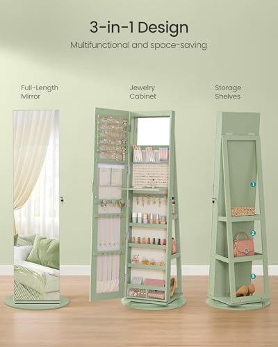 Image of SONGMICS 6 LEDs Mirror Jewelry Cabinet Organizer, 360 Swivel, Lockable | Frameless Full-Length Mirror with Storage, Jewelry Armoire, 3 Storage Shelves, Laurel Green Surface UJJC007C01