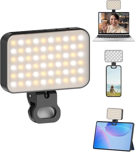 TONEOF Portable Phone Light for iPhone 2000mAh Rechargeable Selfie Light with 360 Rotatable Clip 3 Light Modes 10 Levels of Brightness Video Light for Video Calls/Photography/Makeup-Black Mini 60LED
