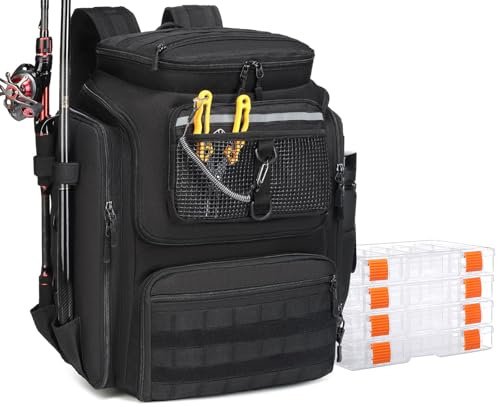BlesMaller Angelrucksack mit 4 Boxen & Rutenhaltern 45L große Angeltasche wasserabweisend Angelausrüstung Rucksack für Angeln Wandern Camping Trekking