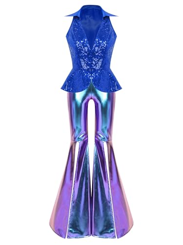 Top en V scintillant pour femmes et pantalon jazz bleu XXL pour look rave disco