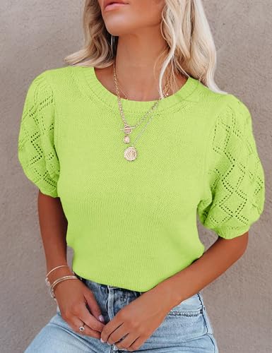 Image of Womens Short Sleeve Sweaters Crewneck Knit Pullover Tops 2025 Summer Casual Lightweight Crochet Blouse Shirt